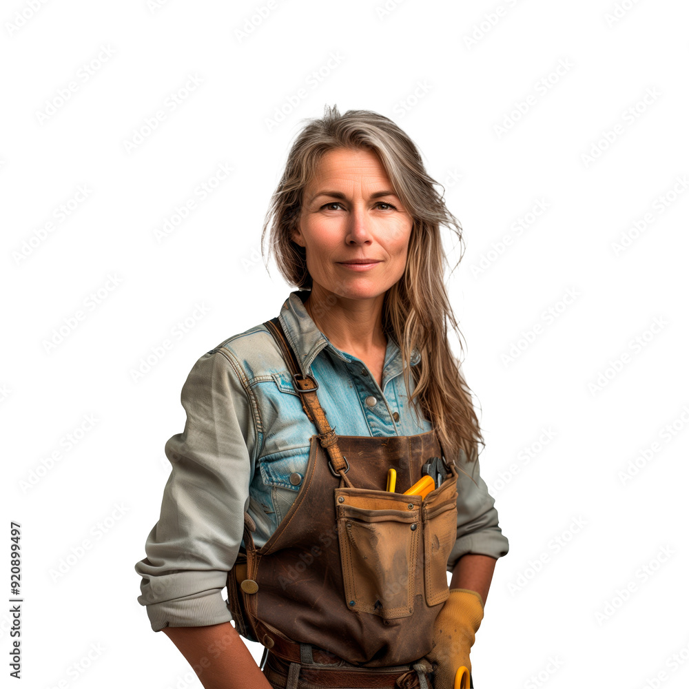 American woman carpenter isolated on white or transparent background. Woman carpenter with tools for work close-up. American woman carpenter isolated on white or transparent background. Woman carpenter with tools for work close-up.