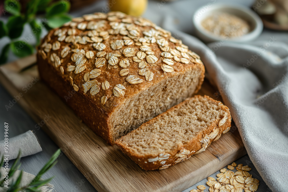 Freshly baked oat bread loaf on a wooden cutting board with one slice cut, representing healthy homemade baking, whole grain nutrition, and wholesome living Freshly baked oat bread loaf on a wooden cutting board with one slice cut, representing healthy homemade baking, whole grain nutrition, and wholesome living
