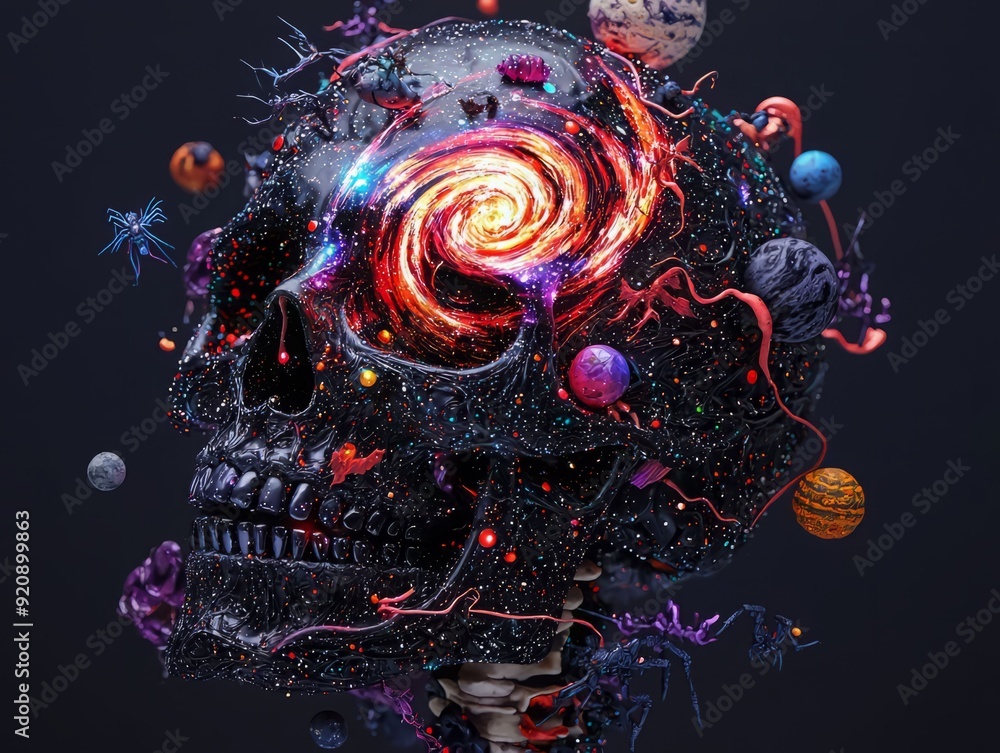 A stunning fusion of the cosmos and mortality, showcasing a skull filled with vibrant galaxies and cosmic elements. A stunning fusion of the cosmos and mortality, showcasing a skull filled with vibrant galaxies and cosmic elements.