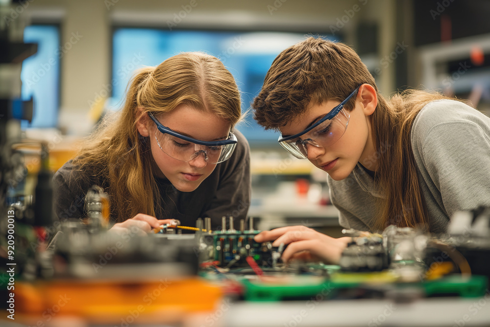 Fototapeta premium Science class scene with teenagers wearing safety glasses, collaborating on an electronic device and examining its internal parts with intense focus. Realistic and detailed artistic rendering.