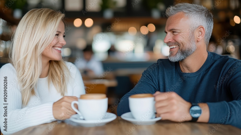 A happy middle-aged couple enjoys coffee together in a cozy cafe. Their warm smiles and engaging conversation reflect their deep connection and shared joy in a homely setting. A happy middle-aged couple enjoys coffee together in a cozy cafe. Their warm smiles and engaging conversation reflect their deep connection and shared joy in a homely setting.