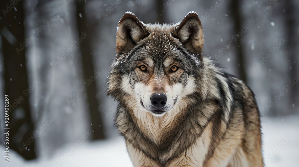 A gray wolf standing in a snowy forest A gray wolf standing in a snowy forest