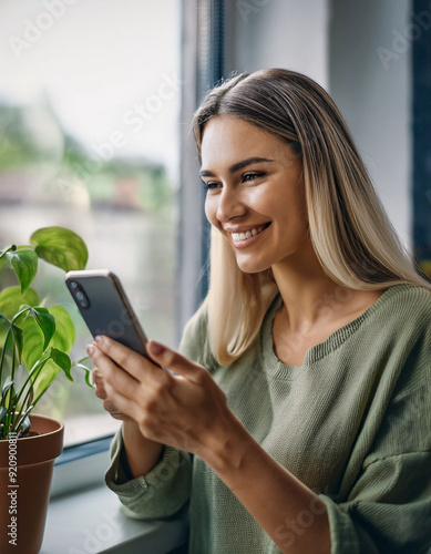 Free Download Cropped shot of an young woman using smart phone at home. Smiling woman using smartphone at home, messaging or browsing social networks while relaxing on couch - GFXLoad