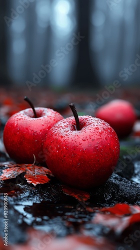Three glistening red apples resting on wet ground amidst autumn leaves and a misty forest backdrop, symbolizing nature's beauty.