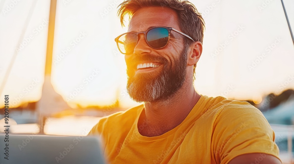 A person uses a laptop on a boat during sunset, blending productivity with nature. The vibrant sky and calm waters offer an inspiring environment for work and leisure activities. A person uses a laptop on a boat during sunset, blending productivity with nature. The vibrant sky and calm waters offer an inspiring environment for work and leisure activities.