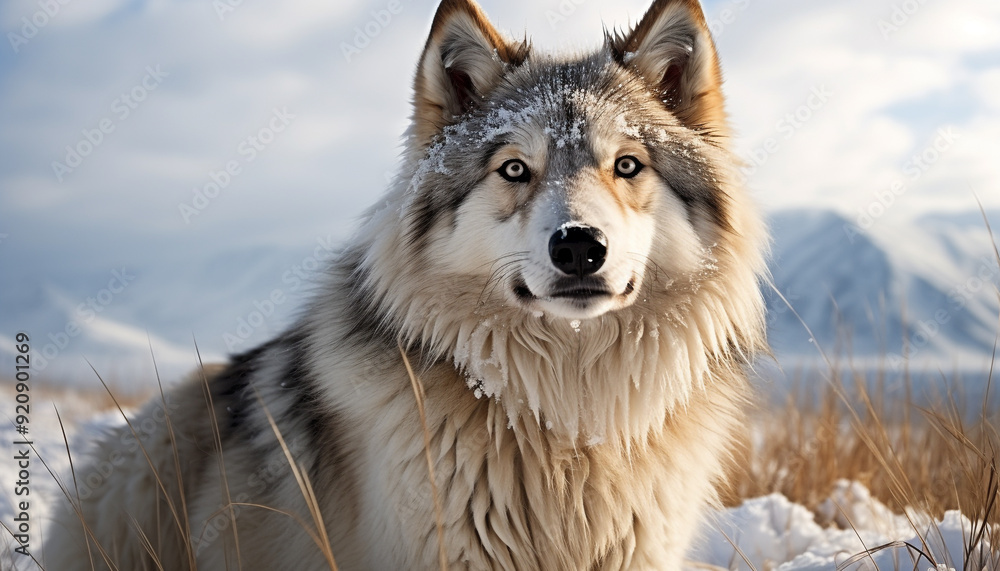 Cute puppy sitting outdoors, looking at camera in winter generated by AI Cute puppy sitting outdoors, looking at camera in winter generated by AI
