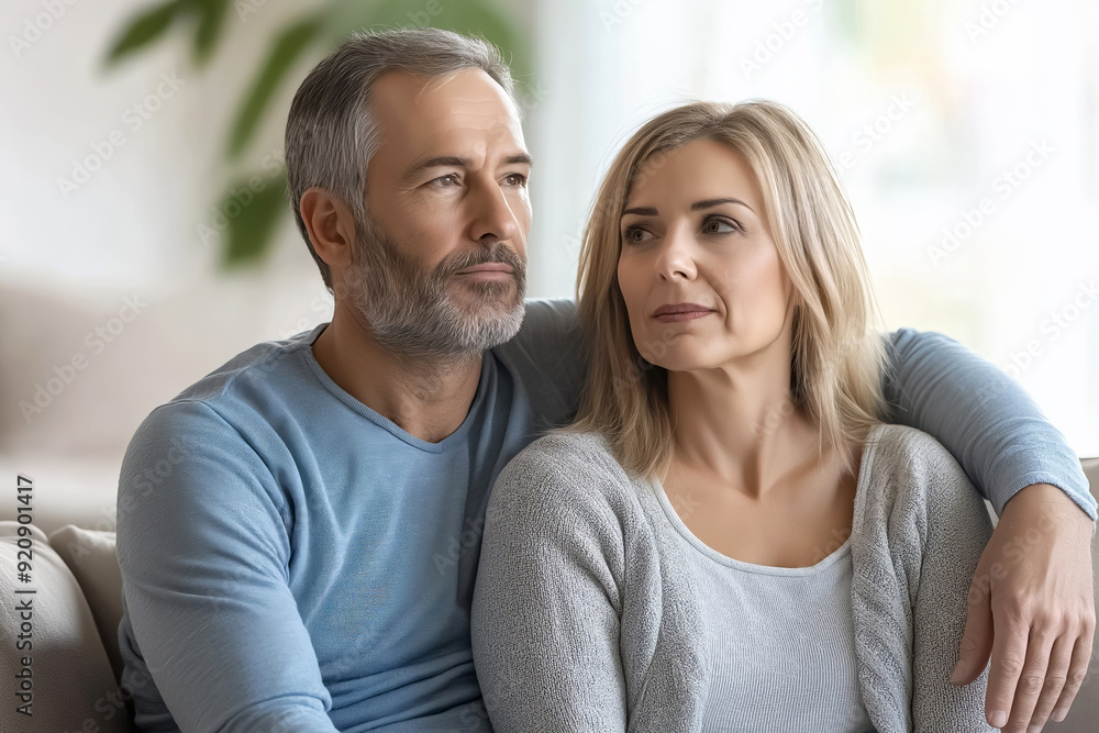 Middle-aged man is comforting his wife while they are both deep in thought about their future Middle-aged man is comforting his wife while they are both deep in thought about their future