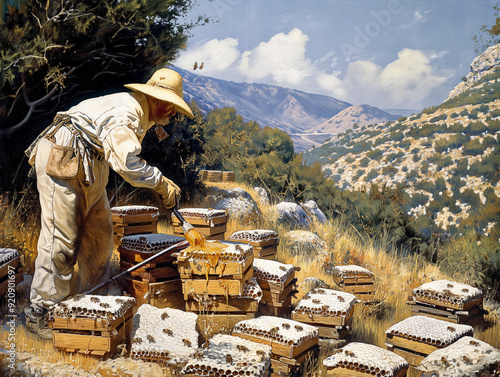 A man is working in a field with a lot of honeycombs. Scene is peaceful and serene, as the man is surrounded by nature and the honeycombs