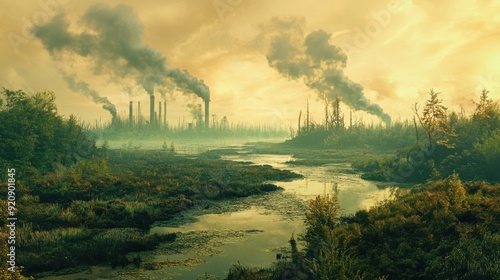 Pollution effects on a vibrant forest ecosystem showing smog-filled skies, dying plants, and polluted rivers