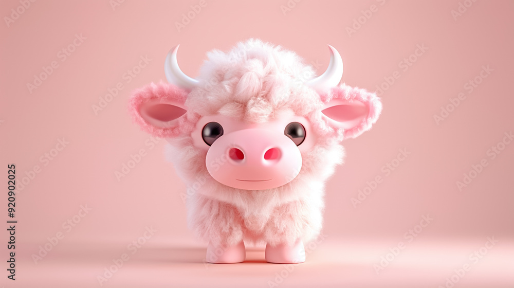 Naklejka premium Adorable Cartoon Cow Character Featuring a Fluffy Pink Texture and a Bright, Cheerful Expression that Brings Joy to Everyone