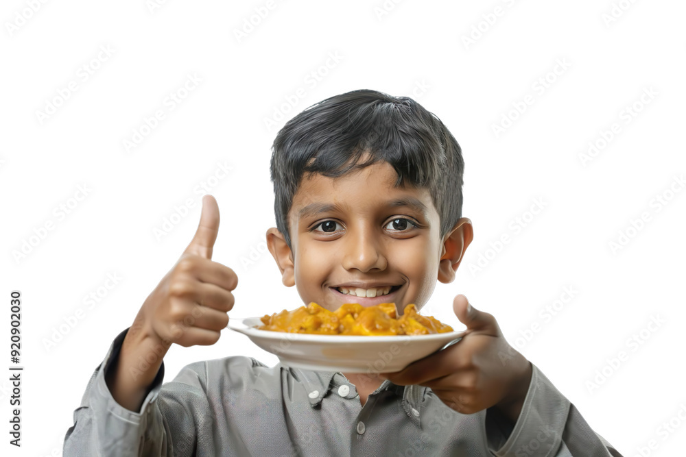 A happy Sri Lankan boy holding a plate of curry and giving a thumbs up Isolated on transparent background. Studio shot. A happy Sri Lankan boy holding a plate of curry and giving a thumbs up Isolated on transparent background. Studio shot.