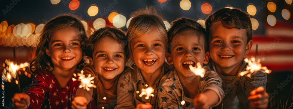 A group of young children stand together, each holding a sparkler Behind them, a flag with illuminated lights glows in the background A group of young children stand together, each holding a sparkler Behind them, a flag with illuminated lights glows in the background