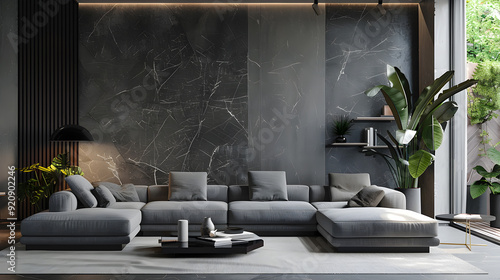 Wallpaper Mural Modern Luxurious Living Room, A sleek and sophisticated living room interior featuring a plush grey sectional sofa, minimalist decor, and large indoor plants against a dark, textured accent wall, crea Torontodigital.ca