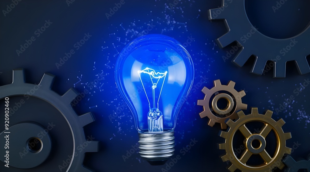 Artistic innovation featuring a glowing light bulb with visible filaments at the center, surrounded by metallic gears and cogs Artistic innovation featuring a glowing light bulb with visible filaments at the center, surrounded by metallic gears and cogs