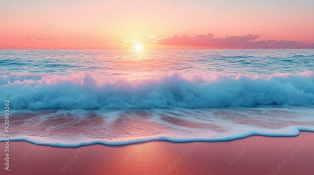 Fototapeta premium A scenic view of a calm ocean at sunrise, with soft waves and a colorful sky, capturing the tranquility, renewal, and balance that come from witnessing the daily rhythm of nature beauty, Copy space