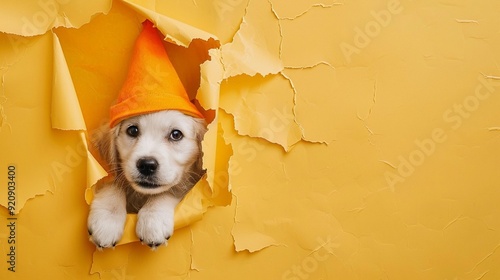 A cute white puppy in an orange pointed hat peeking out from a torn yellow paper background, with free space on the right for text insertion