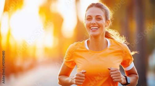 A joyful woman runs outdoors in an orange shirt, enjoying a beautiful day, captured mid-stride with a bright smile, reflecting health, vitality, and positive energy. photo