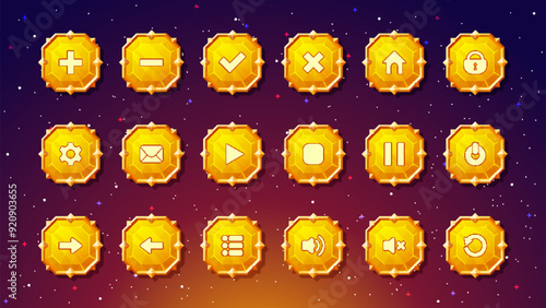 Gemstone buttons with luxury gold frame and set of menu icons for games. Cute and colorful crystals with medieval gold borders for your user interface.