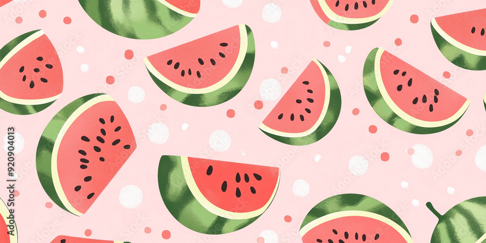 A vibrant pattern of watermelon slices arranged on a soft pink background, showcasing refreshing summer colors A vibrant pattern of watermelon slices arranged on a soft pink background, showcasing refreshing summer colors