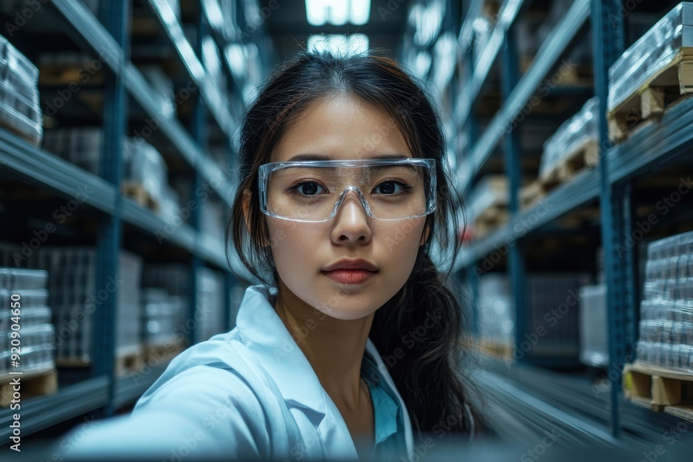 Obraz premium A female scientist in a white lab coat and safety glasses is holding a tablet while standing in a laboratory, surrounded by shelves filled with scientific materials.