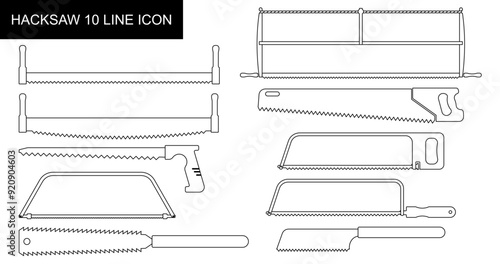 Hacksaw for metal saw. Hacksaw icon. Coping saw. Metal working or metal processing. Drawn hand saws for carpenters. Compass saw with handle for cutting. Work tool. Home renovation and engineer tools