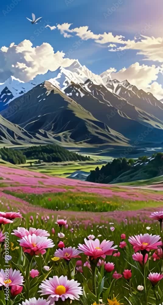 pink flowers in a field with mountains in the background pink flowers in a field with mountains in the background