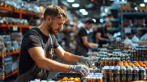 Man Working in a Warehouse, Packing Food