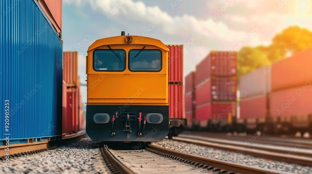 Fototapeta premium A vibrant yellow train stands amidst colorful shipping containers under a bright sky, highlighting industrial transportation.