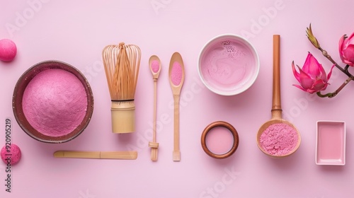 Stylish matcha of pink color from dragon fruit saccessories like whisk, bowl, and spoon, arranged aesthetically photo