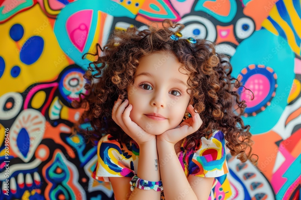 Portrait of a Young Girl with Curly Hair Against a Colorful Background Portrait of a Young Girl with Curly Hair Against a Colorful Background