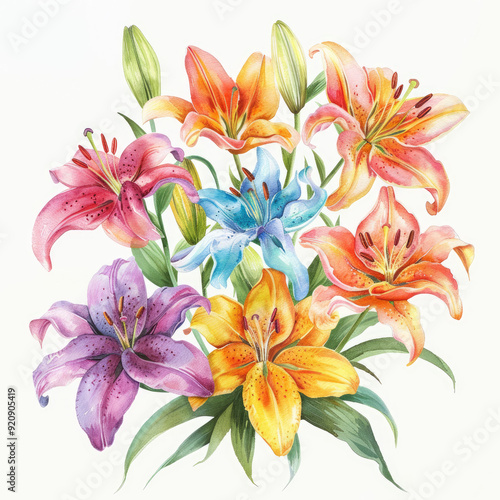 Watercolor Illustration of Various Blooming Flowers