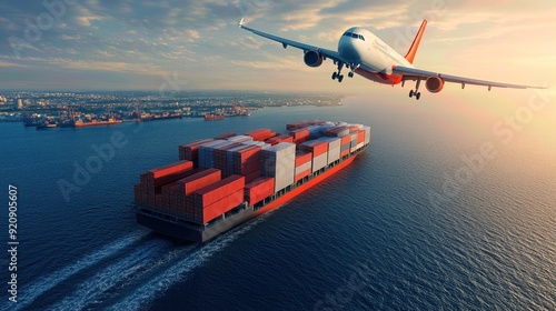 A cargo ship sailing in the ocean with a plane flying overhead, symbolizing global transportation and trade. © stockpro