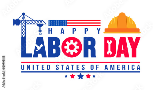 USA Happy Labor Day celebration background or banner design template with construction crane. Labour day Safety hard hat and Construction tools background. use to card, poster, placard, card template.