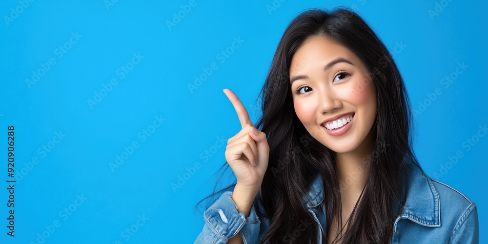 Une belle femme asiatique brune aux cheveux longs, souriante et pointant son doigt sur un fond bleu créant un visuel attrayant pour la publicité. Une belle femme asiatique brune aux cheveux longs, souriante et pointant son doigt sur un fond bleu créant un visuel attrayant pour la publicité.
