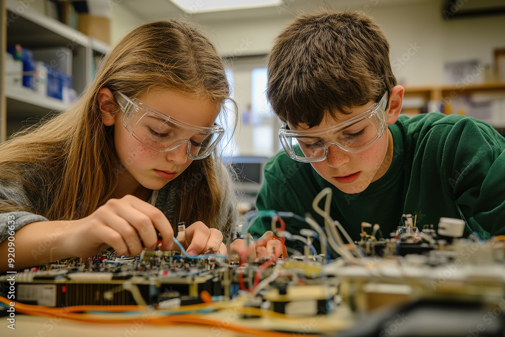 Fototapeta premium Teenage students in science class wearing safety glasses, intently working together on an electronic device, exploring its components with focused expressions. Realistic artistic style.