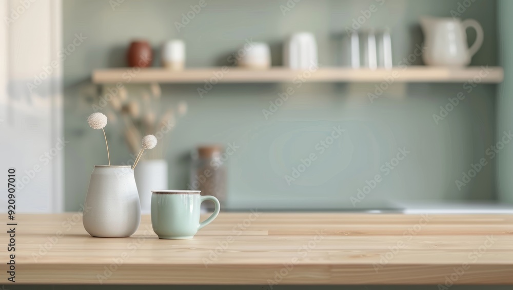 Blurred background of a modern home interior with an empty wooden table top for product display montage Blurred background of a modern home interior with an empty wooden table top for product display montage