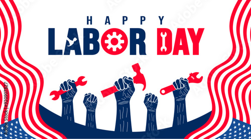 USA Happy Labor Day celebration strong hand holding construction tools background or banner design template with American flag. Labour day Safety hard hat and Construction tools background.