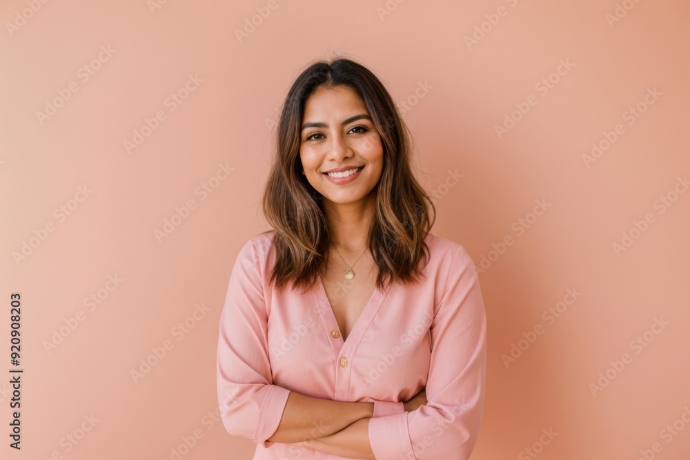 Fototapeta premium Cheerful woman with crossed arms poses against soft pink backdrop 