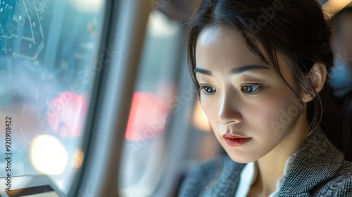 Woman looking out window of train