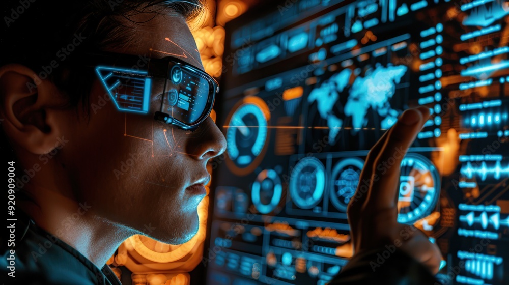 Cyberpunk Man Interacting With a Futuristic Screen Cyberpunk Man Interacting With a Futuristic Screen