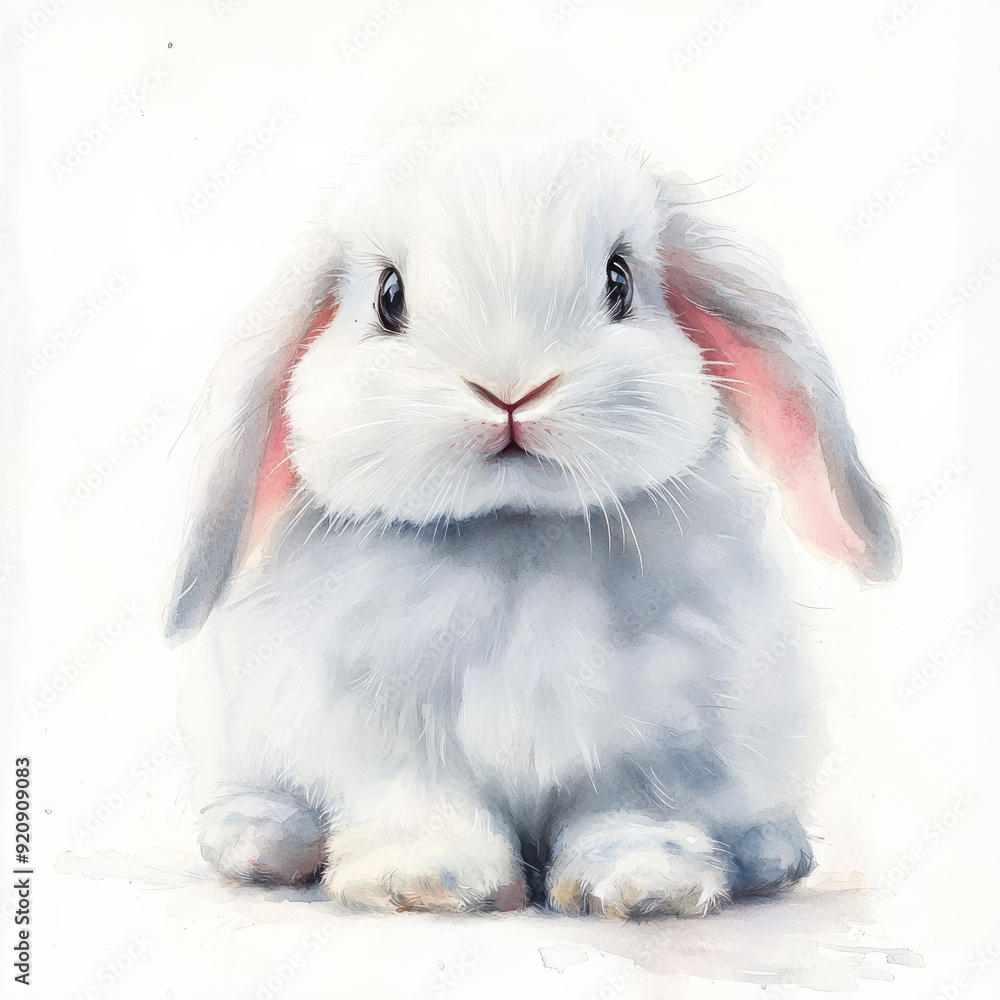 Soft Watercolor Rendering of a White Bunny with Pink Highlights Soft Watercolor Rendering of a White Bunny with Pink Highlights