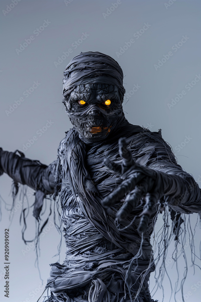 a model wearing a mummy costume for halloween isolated on white background a model wearing a mummy costume for halloween isolated on white background
