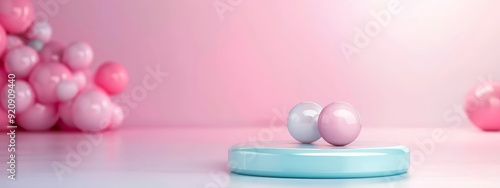  A few pink and white eggs atop a blue easel, surrounded by a cluster of pink and white balloons