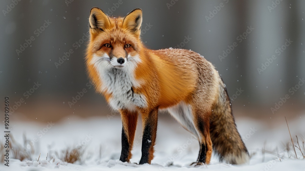 Red Fox Standing in Snowy Forest with Blurred Background Red Fox Standing in Snowy Forest with Blurred Background