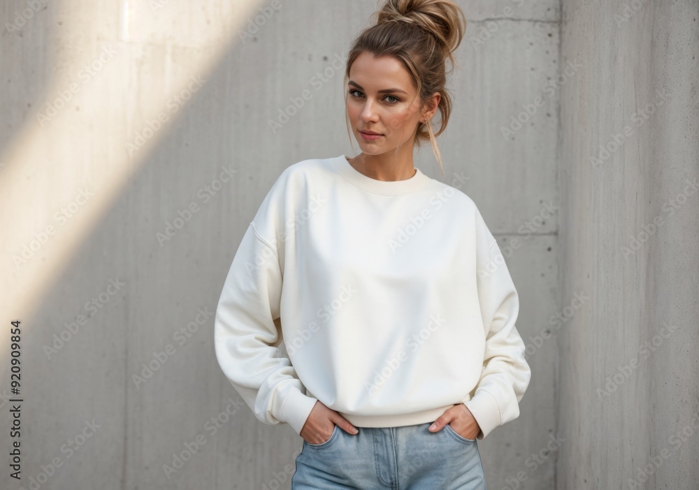Chic female model in white sweatshirt posing elegantly near concrete backdrop 