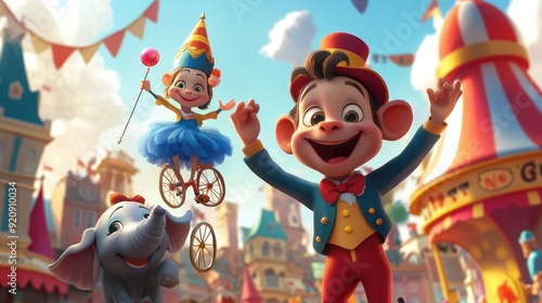 Charming cartoon circus featuring a monkey magician, a clown on a unicycle, and a playful elephant in a tutu
