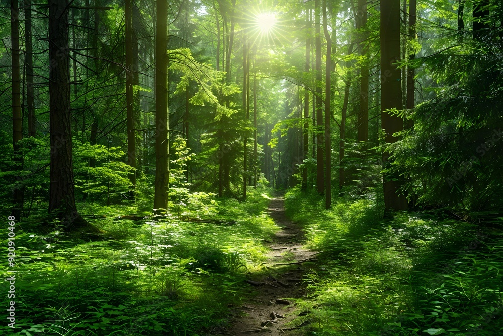 Obraz premium Serene Forest Path in Sunlit Greenery - Perfect for Nature-Themed Prints and Posters