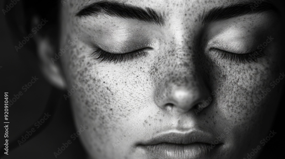 A portrait of a woman with her eyes closed, depicting a moment of tranquility and relaxation. Her freckled skin is the focal point against a soft-focus background, creating an atmosphere of serenity. A portrait of a woman with her eyes closed, depicting a moment of tranquility and relaxation. Her freckled skin is the focal point against a soft-focus background, creating an atmosphere of serenity.