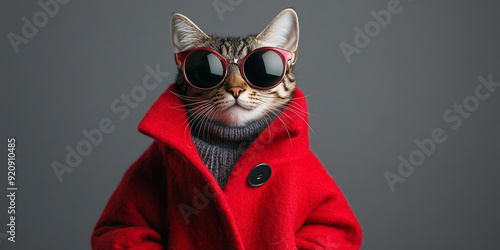 A fashionable cat in a vibrant red coat and sunglasses, showcasing a unique blend of elegance and playfulness