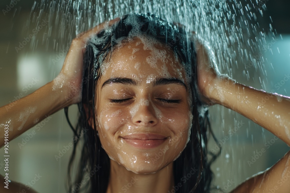 Fototapeta premium This image shows a person under a running shower, with foam and water streaming down their head, reflecting a moment of hygiene, cleanliness, and relaxation.
